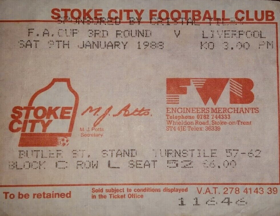 Ticket FA Cup Stoke City Vs Liverpool – 1988, Plié, Envoi Gratuit !