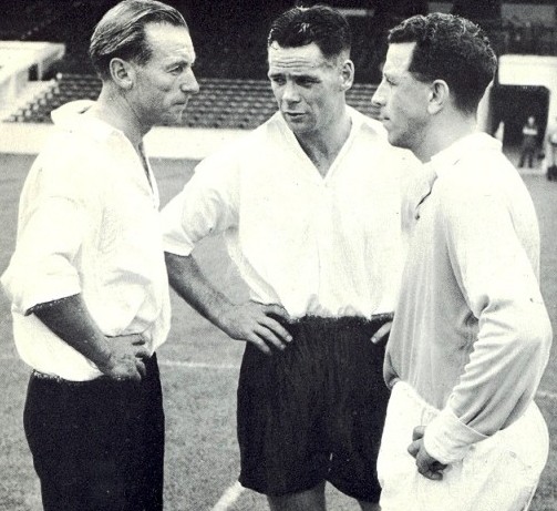 Billy with Sir Stanley Matthews (left) and Roy Paul (right) in a practice game at Maine Road prior to the match between Great Britain and the Rest of Europe in Belfast in 1955.