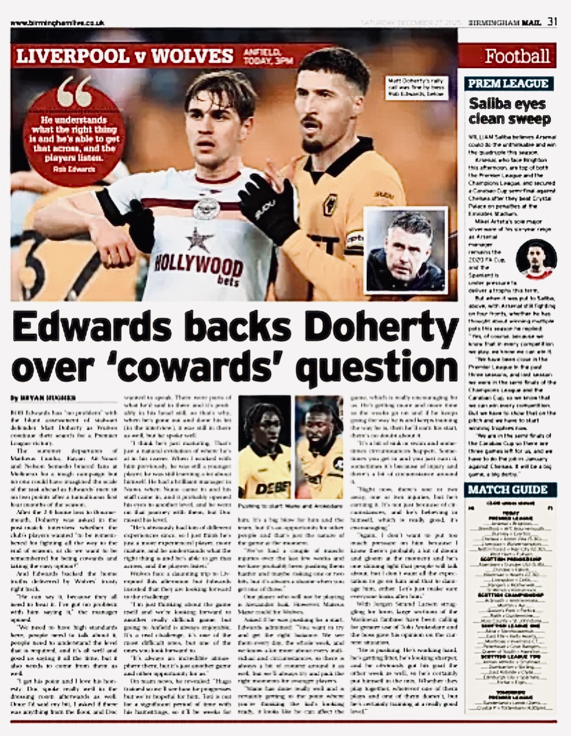 Birmingham Mail Backpage (Before match)