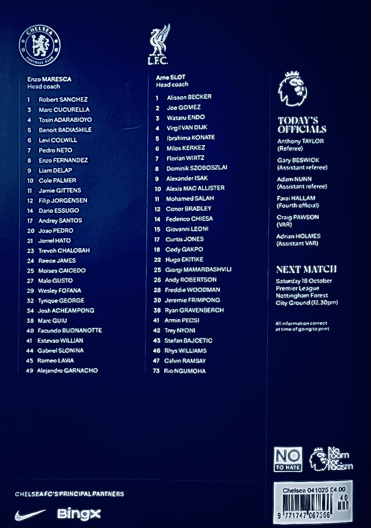 Match programme squadlist