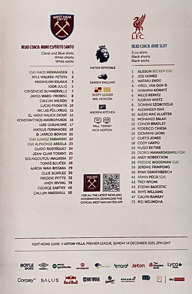 Match programme squadlist