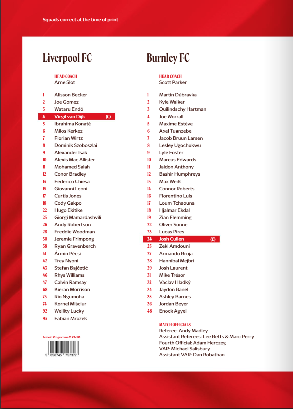 Match programme squadlist