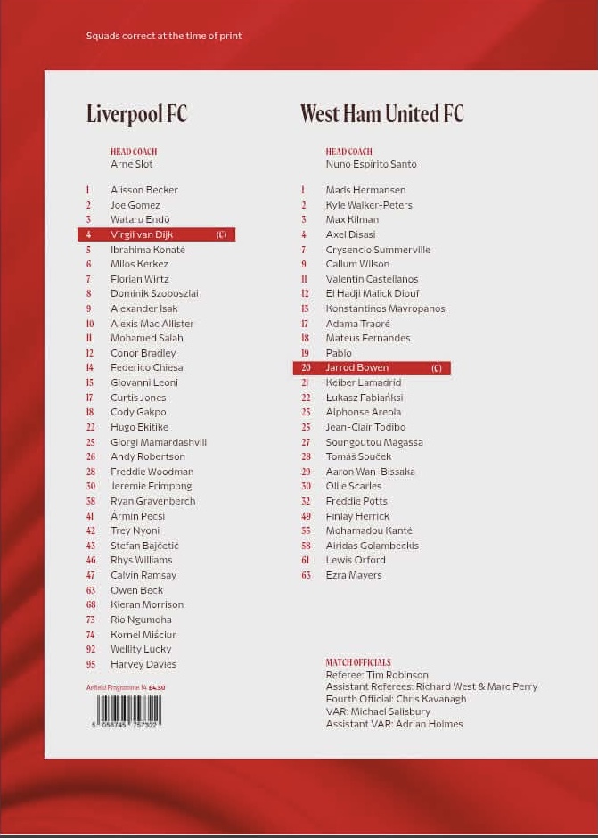 Match programme squadlist